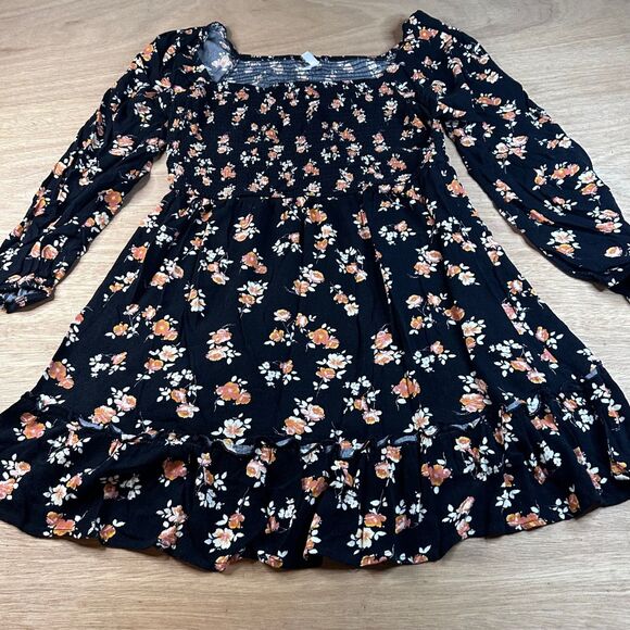 Xhilaration Black Floral Smocked Long Sleeve Mini Dress XL Fall Cottagecore - Picture 1 of 5